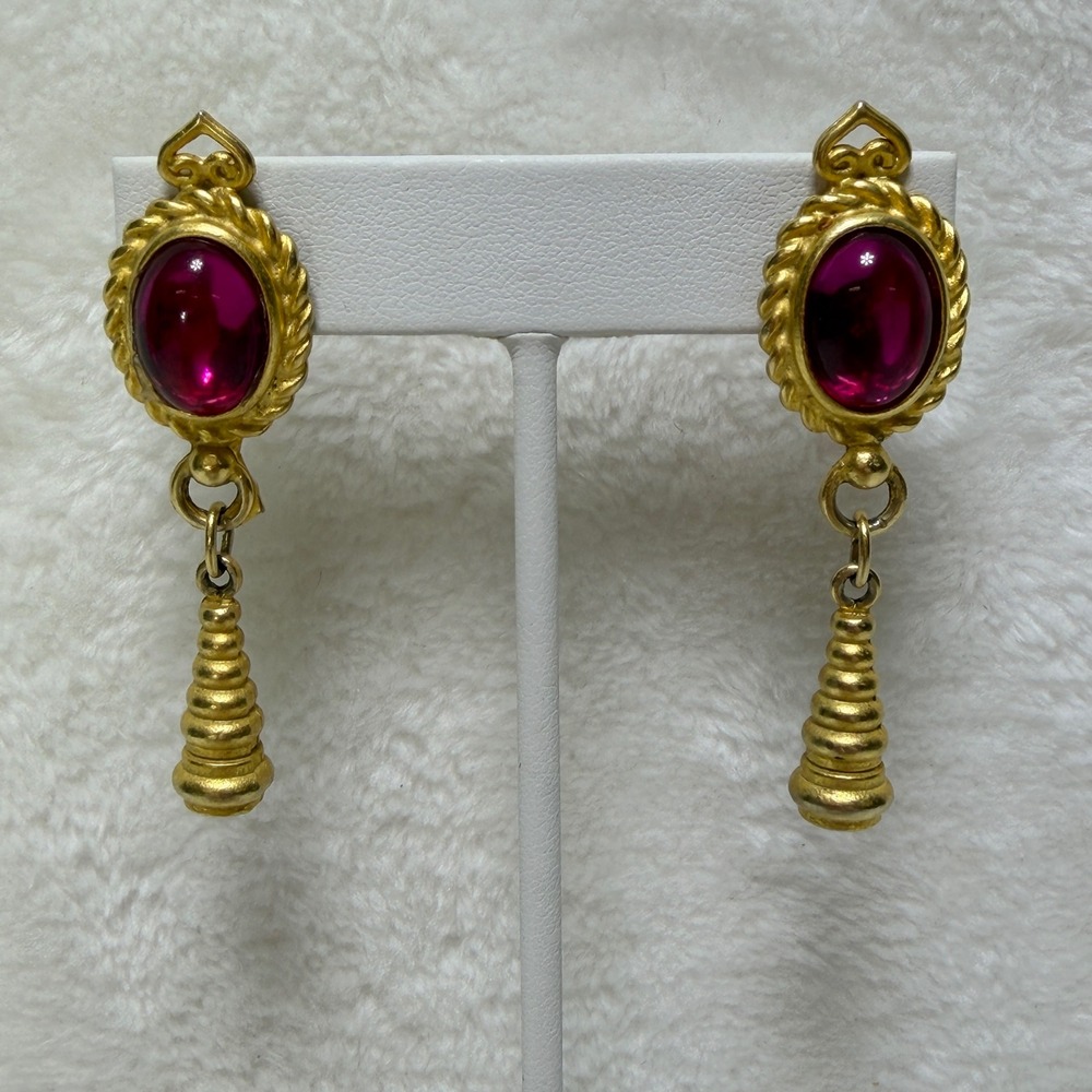 Vtg Gold Tone Fushia Cabochon Oval Clip On‎ Drop Earrings Retro Career Dressy